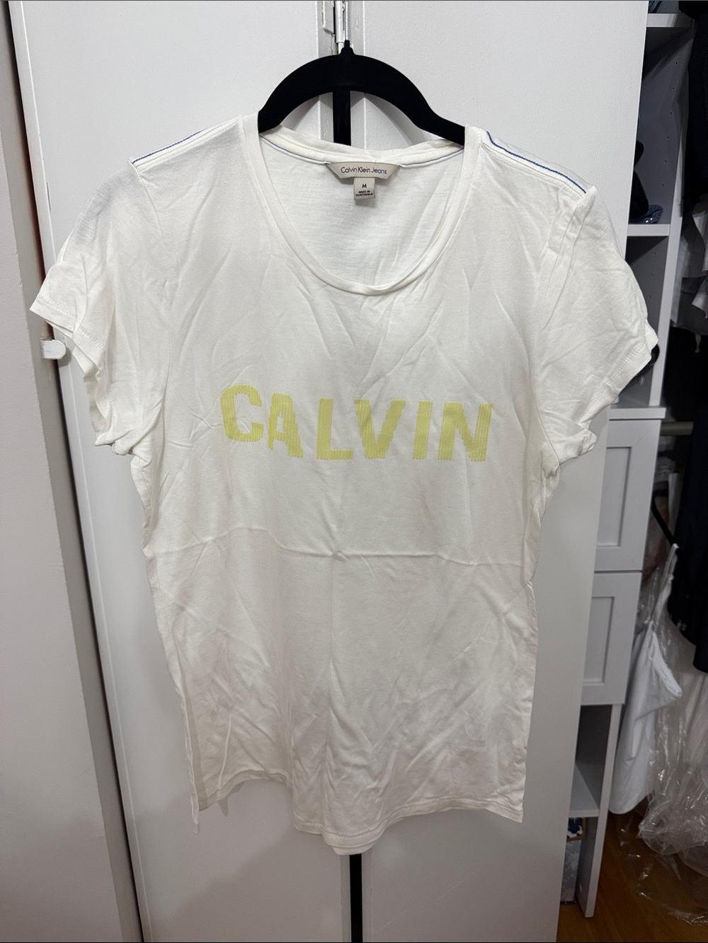 Calvin Klein Jeans White Tee with Yellow 'CALVIN' Logo size M